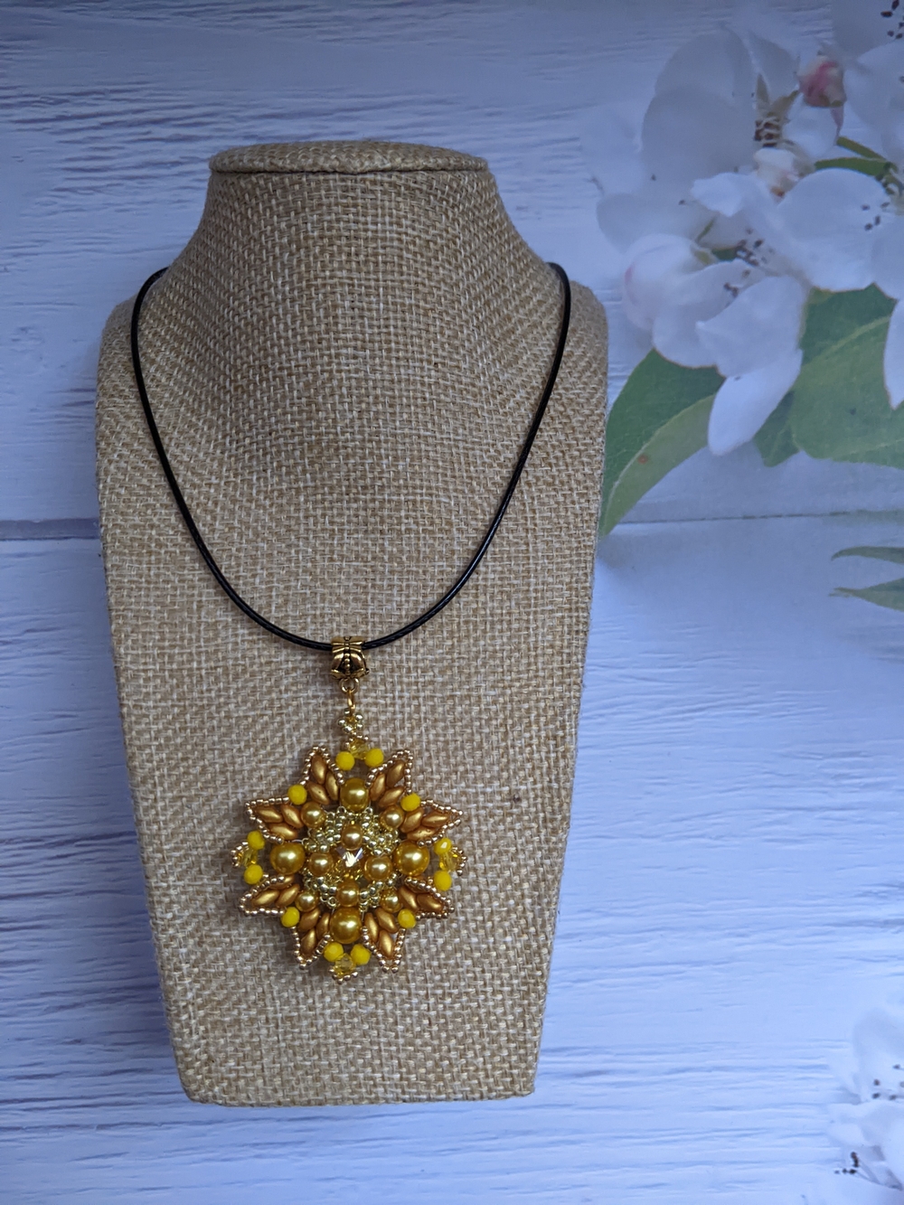 Golden Sunburst Pendant Necklace with Yellow Accents